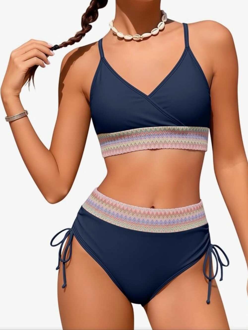 Girls. Navy High-Waist Bikini Set with Zigzag Trim. Size 15/16 Years. NWT.